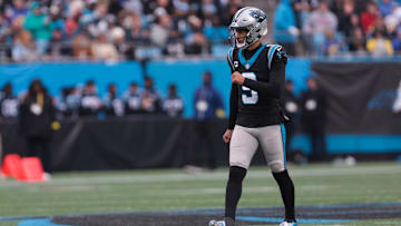 Nov 30, 2025; Charlotte, North Carolina, USA; Carolina Panthers quarterback Bryce Young (9) looks on during the second quarter against the Los Angeles Rams at Bank of America Stadium. Mandatory Credit: Scott Kinser-Imagn Images