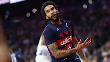 Mar 26, 2025; Philadelphia, Pennsylvania, USA; Washington Wizards forward Justin Champagnie (9) reacts after dunking the ball against the Philadelphia 76ers during the first quarter at Wells Fargo Center. Mandatory Credit: Bill Streicher-Imagn Images