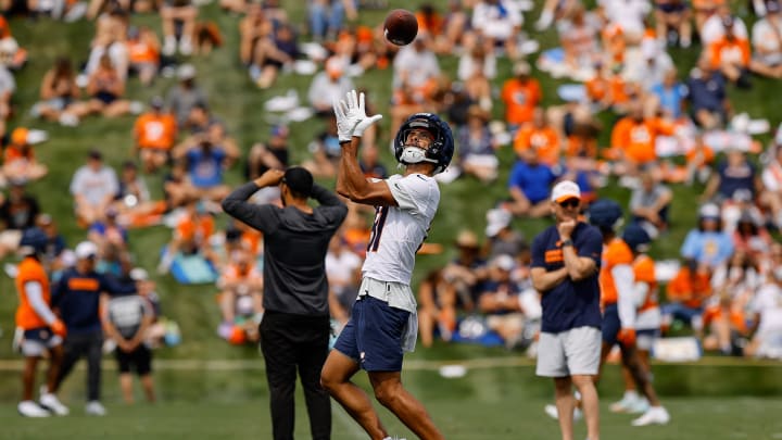 Denver Broncos wide receiver Devaughn Vele (81) during training camp at Broncos Park Powered by CommonSpirit.