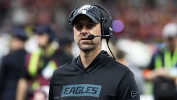 Feb 9, 2025; New Orleans, LA, USA; Philadelphia Eagles  pass game coordinator Kevin Patullo against the Kansas City Chiefs during Super Bowl LIX at Ceasars Superdome. Mandatory Credit: Mark J. Rebilas-Imagn Images