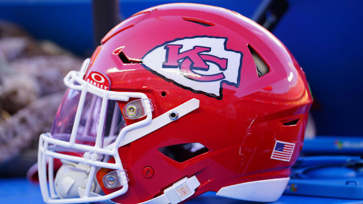 Nov 10, 2024; Kansas City, Missouri, USA; A general view of a Kansas City Chiefs helmet after the win over the Denver Broncos at GEHA Field at Arrowhead Stadium. Mandatory Credit: Denny Medley-Imagn Images