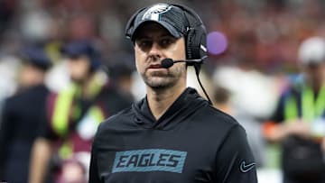 Philadelphia Eagles pass game coordinator Kevin Patullo against the Kansas City Chiefs during Super Bowl LIX at Caesars Superdome.