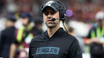 Philadelphia Eagles offensive coordinator Kevin Patullo against the Kansas City Chiefs during Super Bowl LIX at Caesars Superdome.