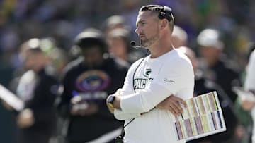 Sep 29, 2024; Green Bay, Wisconsin, USA; Green Bay Packers head coach Matt LaFleur is shown  during the first quarter of their game against the Minnesota Vikings Sunday, September 29, 2024 at Lambeau Field in Green Bay, Wisconsin. Mandatory Credit: Mark Hoffman/USA TODAY Network via Imagn Images