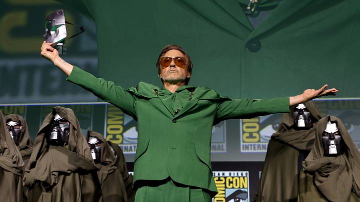 Robert Downey Jr. speaks onstage during the Marvel Studios Panel in Hall H at SDCC in San Diego, California on July 27, 2024