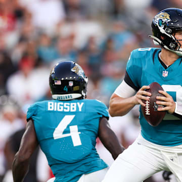 Aug 17, 2024; Jacksonville, Florida, USA; Jacksonville Jaguars quarterback Mac Jones (10) drops back to pass against the Tampa Bay Buccaneers in the first quarter during a preseason game at EverBank Stadium.