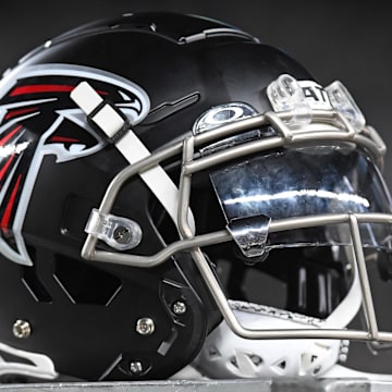 Sep 16, 2024; Philadelphia, Pennsylvania, USA; Atlanta Falcons helmet on the sidelines before game against the Philadelphia Eagles at Lincoln Financial Field. Mandatory Credit: Eric Hartline-Imagn Images
