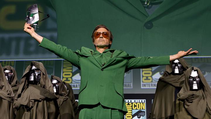 Robert Downey Jr. speaks onstage during the Marvel Studios Panel in Hall H at SDCC in San Diego, California on July 27, 2024
