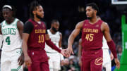 Dec 14, 2023; Boston, Massachusetts, USA; Cleveland Cavaliers guard Donovan Mitchell (45) and guard Darius Garland (10) on the court against the Boston Celtics in the second half at TD Garden. Mandatory Credit: David Butler II-USA TODAY Sports