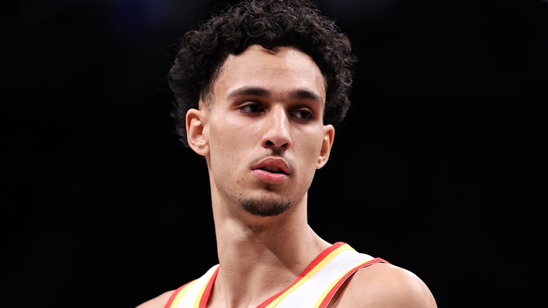 Zaccharie Risacher #10 of the Atlanta Hawks looks on against the Brooklyn Nets.