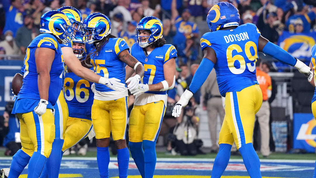 Jan 13, 2025; Glendale, AZ, USA; Los Angeles Rams tight end Davis Allen (87) reacts after making a catch for a touchdown against the Minnesota Vikings during the first half in an NFC wild card game at State Farm Stadium. Mandatory Credit: Joe Camporeale-Imagn Images