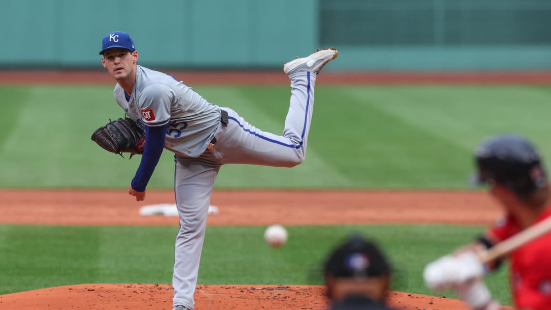 Jul 12, 2024; Boston, Massachusetts, USA; Kansas City Royals starting pitcher Cole Ragans (55) throws a pitch during the first inning against the Boston Red Sox at Fenway Park. Mandatory Credit: Paul Rutherford-USA TODAY Sports