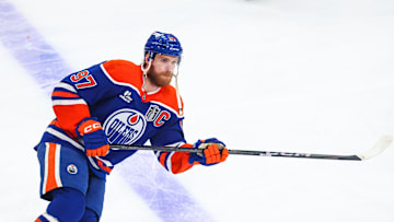 Jun 14, 2025; Edmonton, Alberta, CAN; Edmonton Oilers center Connor McDavid (97) skates during the warmup period against the Florida Panthers in game five of the 2025 Stanley Cup Final at Rogers Place. Mandatory Credit: Sergei Belski-Imagn Images