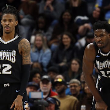 Memphis Grizzlies guard Ja Morant (12) and forward Jaren Jackson Jr. (13) against the Oklahoma City Thunder at FedExForum.