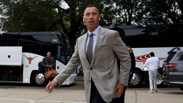 Oct 25, 2025; Starkville, Mississippi, USA; Texas Longhorns head coach Steve Sarkisian walk from the bus into Davis Wade Stadium at Scott Field prior to the game against the Mississippi State Bulldogs. Mandatory Credit: Petre Thomas-Imagn Images