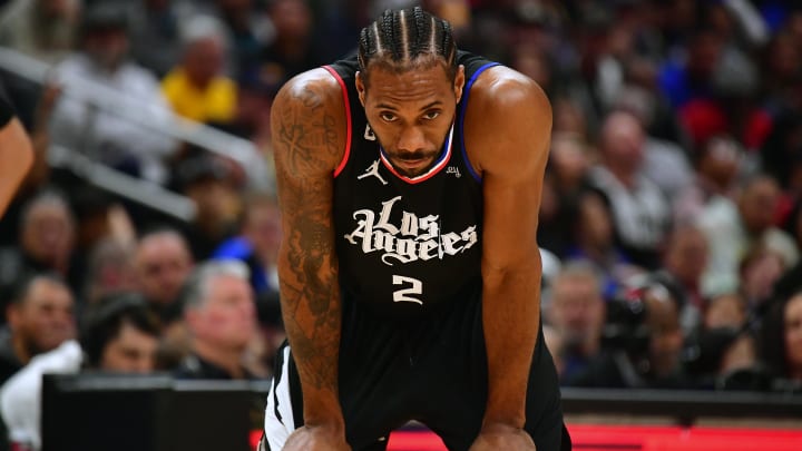 Mar 15, 2023; Los Angeles, California, USA; Los Angeles Clippers forward Kawhi Leonard (2) reacts during the second half at Crypto.com Arena.