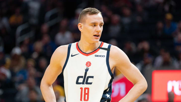 March 1, 2020; San Francisco, California, USA; Washington Wizards center Anzejs Pasecniks (18) during the third quarter against the Golden State Warriors at Chase Center. Mandatory Credit: Kyle Terada-USA TODAY Sports