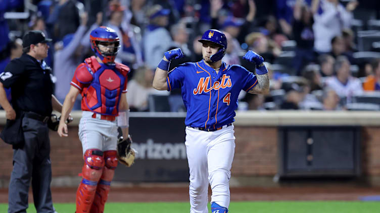 Sep 30, 2023; New York City, New York, USA; New York Mets catcher Francisco Alvarez (4) reacts after