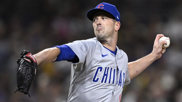 Apr 9, 2024; San Diego, California, USA; Chicago Cubs relief pitcher Drew Smyly (11) throws a pitch against the San Diego Padres during the fifth inning at Petco Park