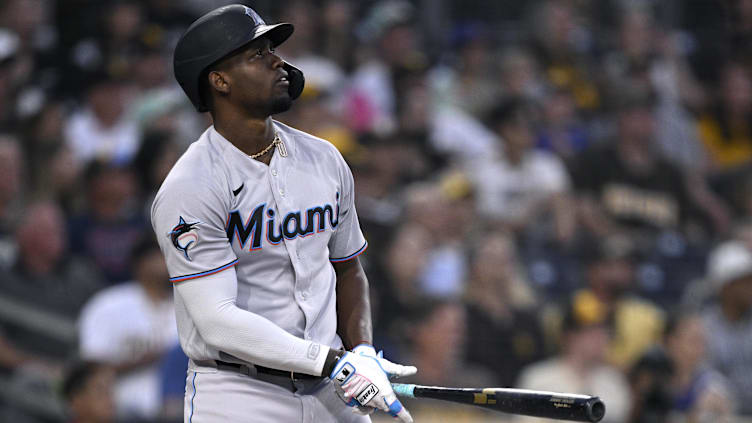 Aug 22, 2023; San Diego, California, USA; Miami Marlins designated hitter Jorge Soler (12) hits a