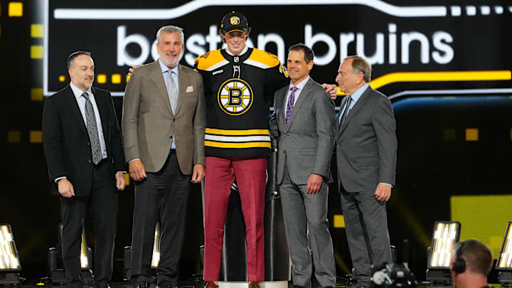 Jun 28, 2024; Las Vegas, Nevada, USA; Dean Letourneau is selected by the Boston Bruins with the 25th overall pick in the first round of the 2024 NHL Draft at The Sphere. Mandatory Credit: Stephen R. Sylvanie-Imagn Images