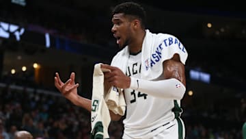 Milwaukee Bucks forward Giannis Antetokounmpo reacts from the bench area during the first half against the Memphis Grizzlies at FedExForum on October 31, 2024.