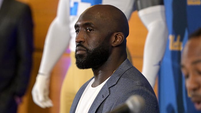 Feb 13, 2024; Los Angeles, CA, USA;  DeShaun Foster answers questions from media.
