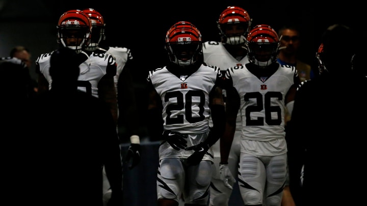 The Bengals defense walks down the tunnel to the field during warmups before the NFL Week 4 game