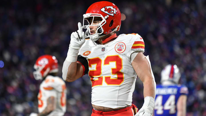Jan 21, 2024; Orchard Park, New York, USA; Kansas City Chiefs linebacker Drue Tranquill (23) reacts against the Buffalo Bills in the second half of the 2024 AFC divisional round game at Highmark Stadium. Mandatory Credit: Mark Konezny-USA TODAY Sports