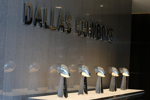 5 Vince Lombardi trophies won by the Dallas Cowboys organization sit in the lobby at Dallas Cowboys headquarters at The Star.