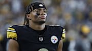Oct 6, 2024; Pittsburgh, Pennsylvania, USA;  Pittsburgh Steelers quarterback Justin Fields (2) looks on from the sidelines against the Dallas Cowboys during the fourth quarter at Acrisure Stadium. Dallas won 20-17. Mandatory Credit: Charles LeClaire-Imagn Images