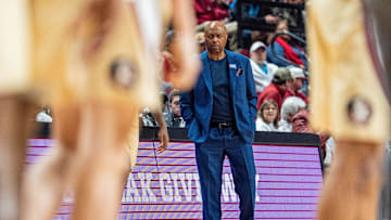 Florida State Seminoles head coach Leonard Hamilton watches his team from the sideline. The Florida State Seminoles hosted the Virginia Tech Hokies for a menÕs basketball game Wednesday, Jan. 29, 2025.