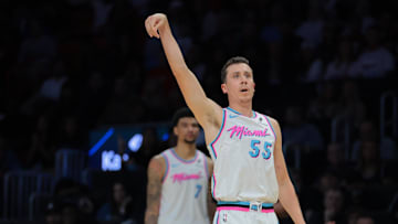 Feb 28, 2025; Miami, Florida, USA; Miami Heat forward Duncan Robinson (55) scores against the Indiana Pacers during the fourth quarter at Kaseya Center. Mandatory Credit: Sam Navarro-Imagn Images