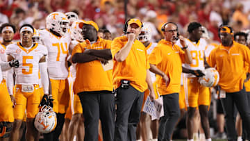 Oct 5, 2024; Fayetteville, Arkansas, USA; Tennessee Volunteers head coach Josh Heupel during the second half against the Arkansas Razorbacks at Donald W. Reynolds Razorback Stadium. Arkansas won 19-14. Mandatory Credit: Nelson Chenault-Imagn Images