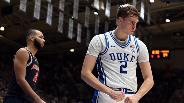 Dec 4, 2024; Durham, North Carolina, USA; Duke basketball forward Cooper Flagg (2) reacts after scoring during the second half against the Auburn Tigers at Cameron Indoor Stadium.  The Blue Devils won 84-78.  