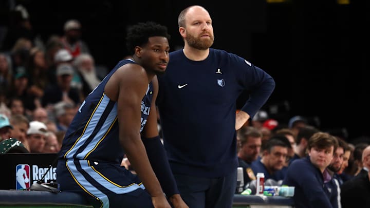 Feb 3, 2025; Memphis, Tennessee, USA; Memphis Grizzlies forward Jaren Jackson Jr. (13) and head coach Taylor Jenkins look on during the third quarter against the San Antonio Spurs at FedExForum. Mandatory Credit: Petre Thomas-Imagn Images