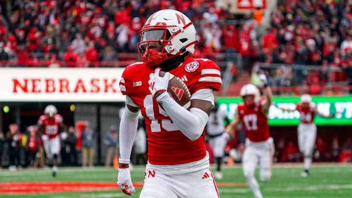 Oct 28, 2023; Lincoln, Nebraska, USA; Nebraska Cornhuskers wide receiver Jaylen Lloyd races for a touchdown against the Purdue Boilermakers during the second quarter at Memorial Stadium.