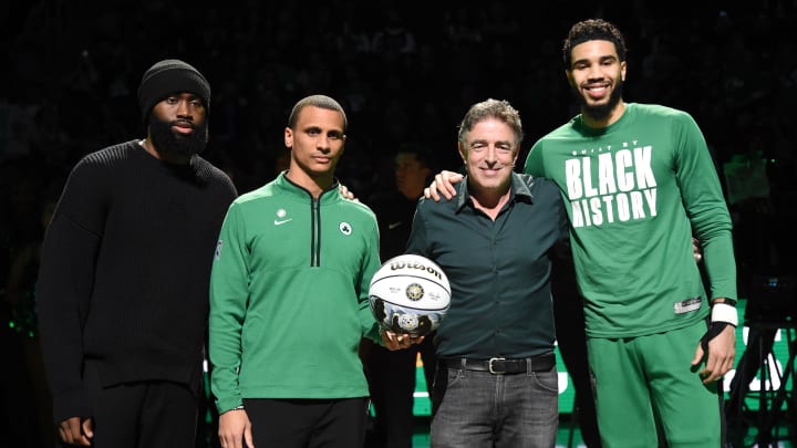 Feb 15, 2023; Boston, Massachusetts, USA;  Boston Celtics guard Jaylen Brown (7), head coach Joe Mazzulla, governor Wyc Grousbeck and forward Jayson Tatum (0).