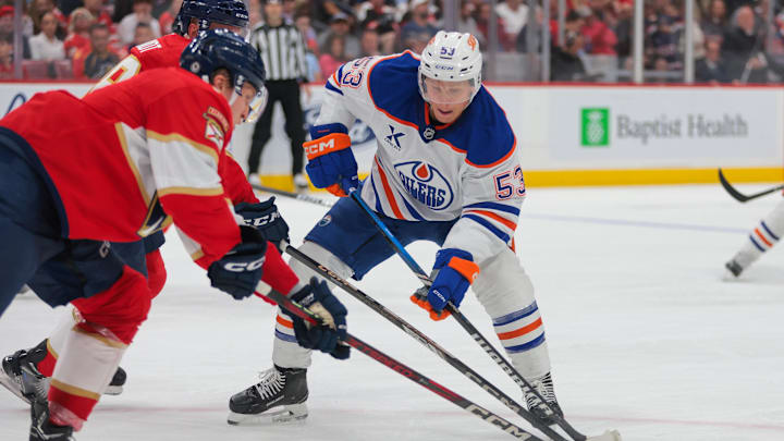 Jeff Skinner, now a Shark, looks to move the puck during a February game against the Panthers.