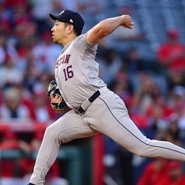 Sep 13, 2024; Anaheim, California, USA; Houston Astros pitcher Yusei Kikuchi (16) throws against the Los Angeles Angels during the first inning at Angel Stadium. 