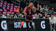 Jan 29, 2025; Coral Gables, Florida, USA; Miami Hurricanes guard Jalil Bethea (3) reacts after scoring against the Virginia Cavaliers during the first half at Watsco Center. Mandatory Credit: Sam Navarro-Imagn Images
