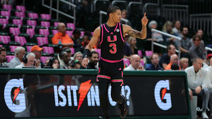 Jan 29, 2025; Coral Gables, Florida, USA; Miami Hurricanes guard Jalil Bethea (3) reacts after scoring against the Virginia Cavaliers during the first half at Watsco Center. Mandatory Credit: Sam Navarro-Imagn Images Jan 29, 2025; Coral Gables, Florida, USA; Miami Hurricanes guard Jalil Bethea (3) reacts after scoring against the Virginia Cavaliers during the first half at Watsco Center. Mandatory Credit: Sam Navarro-Imagn Images