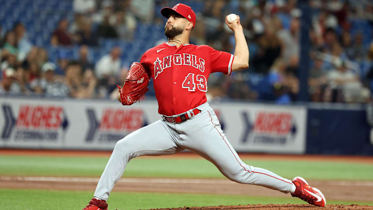 Sep 19, 2023; St. Petersburg, Florida, USA;  Los Angeles Angels starting pitcher Patrick Sandoval