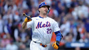 Oct 8, 2024; New York City, New York, USA; New York Mets first baseman Pete Alonso (20) runs after hitting a solo home run in the second inning against the Philadelphia Phillies during game three of the NLDS for the 2024 MLB Playoffs at Citi Field. Mandatory Credit: Brad Penner-Imagn Images