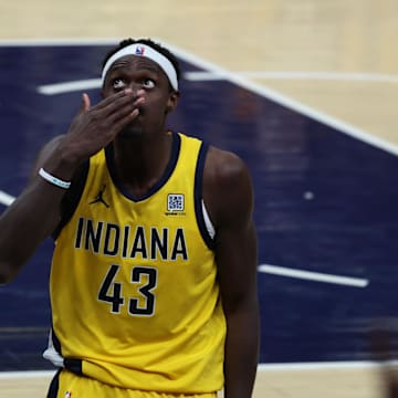 May 27, 2025; Indianapolis, Indiana, USA; Indiana Pacers forward Pascal Siakam (43) reacts after shooting a layup during the fourth quarter against the New York Knicks during game four of the eastern conference finals for the 2025 NBA Playoffs at Gainbridge Fieldhouse. Mandatory Credit: Trevor Ruszkowski-Imagn Images