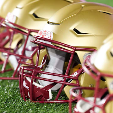 Nov 5, 2021; Chestnut Hill, Massachusetts, USA; A detailed view of the helmets of the Boston College Eagles before a game against the Virginia Tech Hokies at Alumni Stadium. Mandatory Credit: Brian Fluharty-Imagn Images