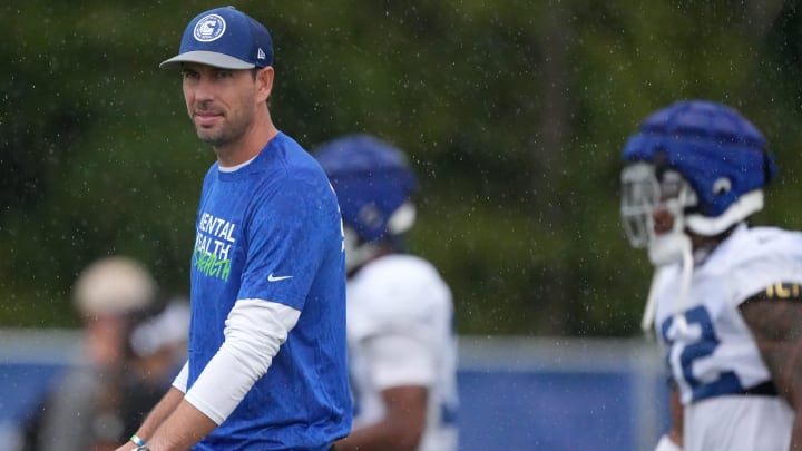 Indianapolis Colts head coach Shane Steichen watches warm ups during a joint practice with the Arizona Cardinals on Thursday, Aug. 15, 2024, at Grand Park Sports Complex in Westfield.