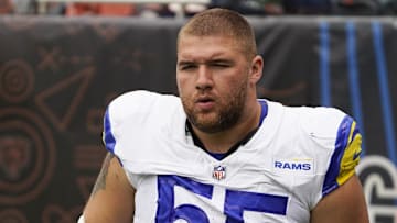 Sep 29, 2024; Chicago, Illinois, USA; Los Angeles Rams defensive tackle Braden Fiske (55) in a game against the Chicago Bears at Soldier Field. Mandatory Credit: David Banks-Imagn Images