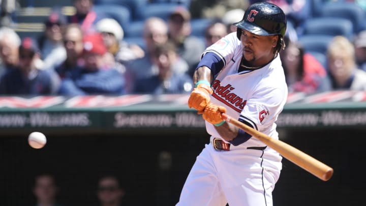 Apr 25, 2024; Cleveland, Ohio, USA; Cleveland Guardians designated hitter Jose Ramirez (11) hits a grand slam during the second inning against the Boston Red Sox at Progressive Field. Mandatory Credit: Ken Blaze-USA TODAY Sports