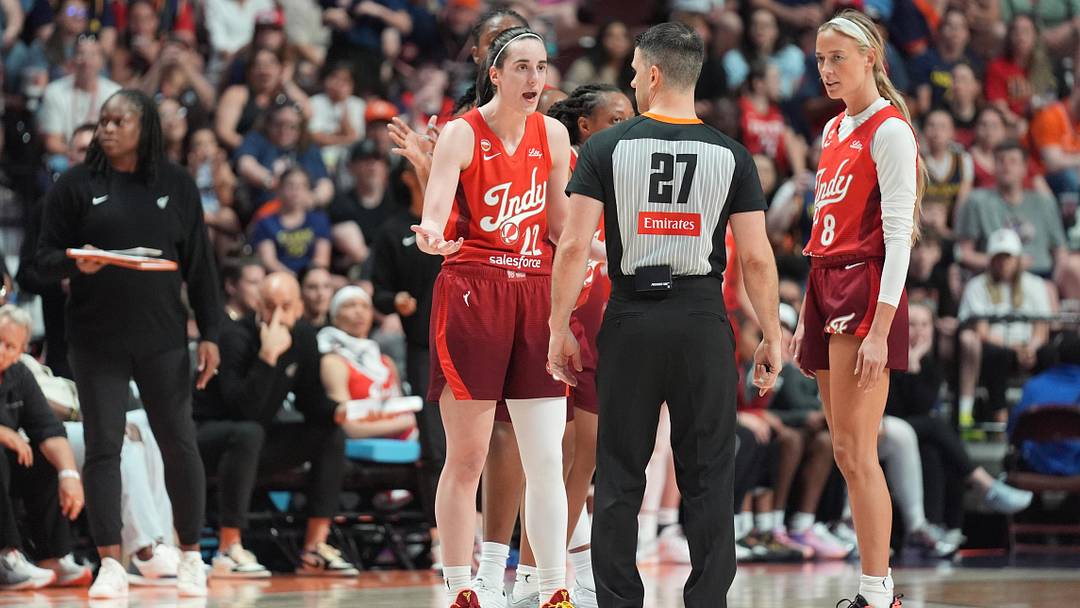 Jun 13, 2026; Uncasville, Connecticut, USA; Indiana Fever guard Caitlin Clark (22) speaks with an official after being called for a technical foul during the second half against the Connecticut Sun at Mohegan Sun Arena. Mandatory Credit: Gregory Fisher-Imagn Images Jun 13, 2026; Uncasville, Connecticut, USA; Indiana Fever guard Caitlin Clark (22) speaks with an official after being called for a technical foul during the second half against the Connecticut Sun at Mohegan Sun Arena. Mandatory Credit: Gregory Fisher-Imagn Images